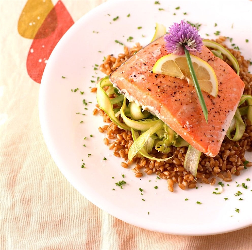 Sous-vide salmon with shaved asparagus and emmer wheat!