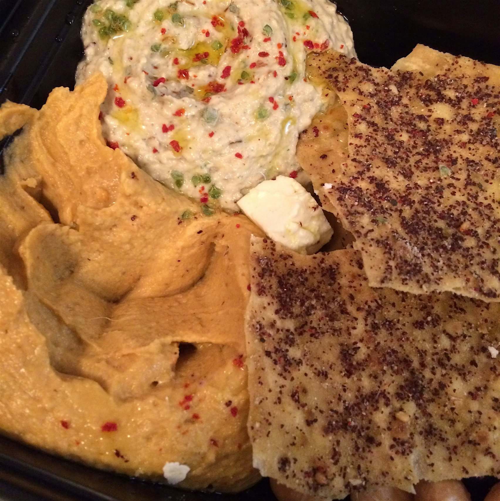 Treats! When you friend brings you homemade baba ganoush x spicy hummus... 