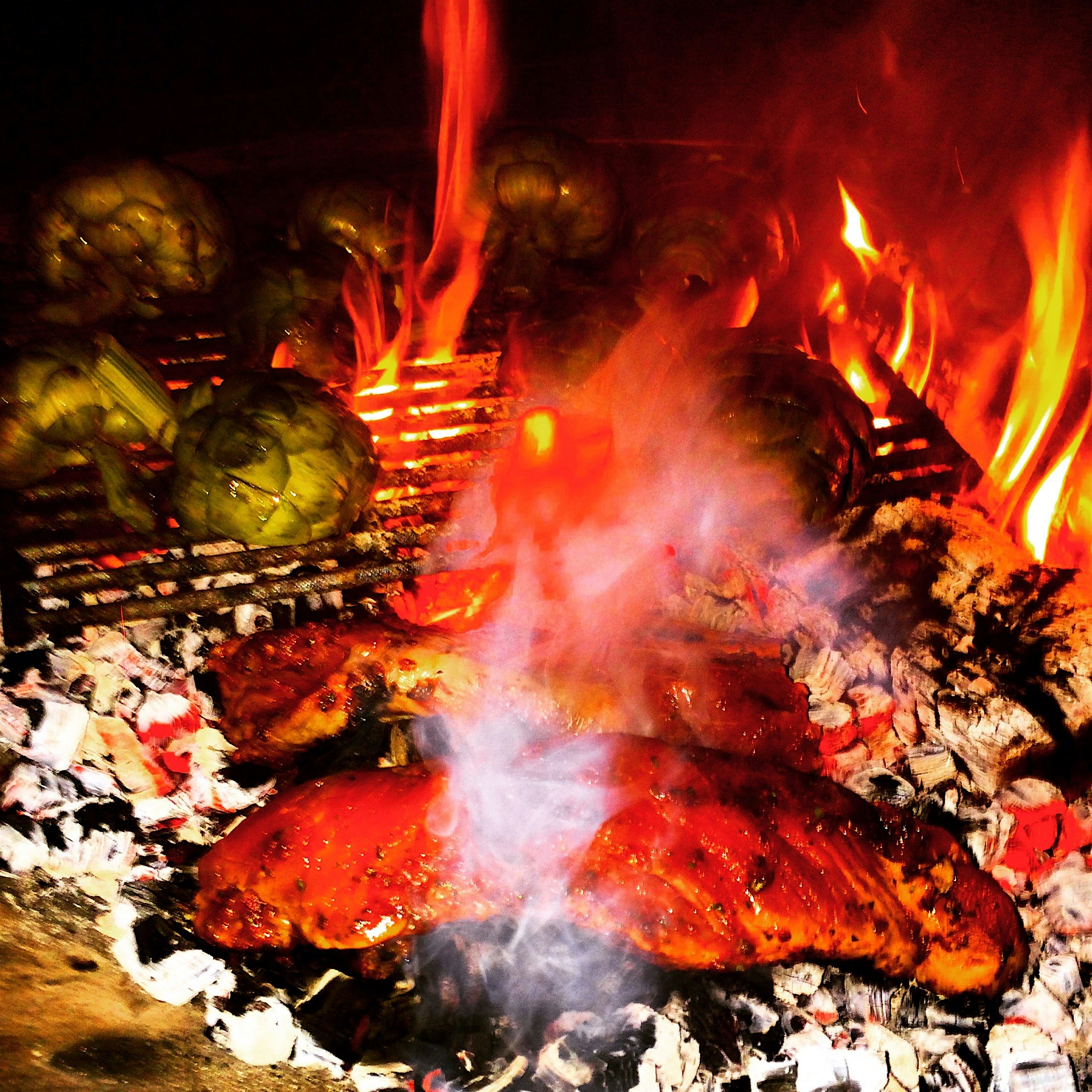 Back yard cooking. Pork loin and artichoke. 