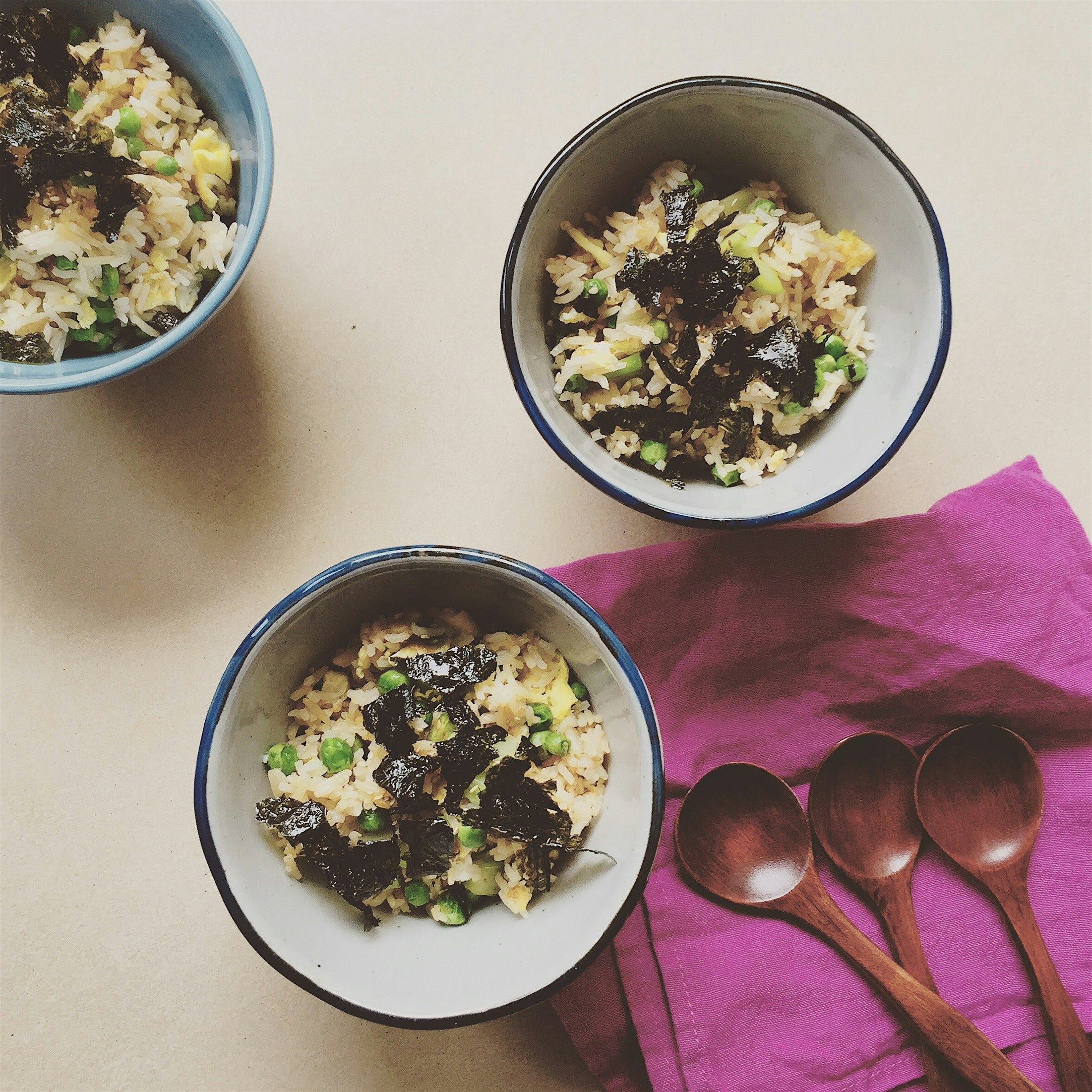 Simple peas and egg fried rice for lunch! Oh...don't forget the crumbled nori!