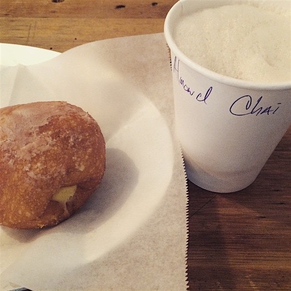 Donut and chai latte with almond milk.