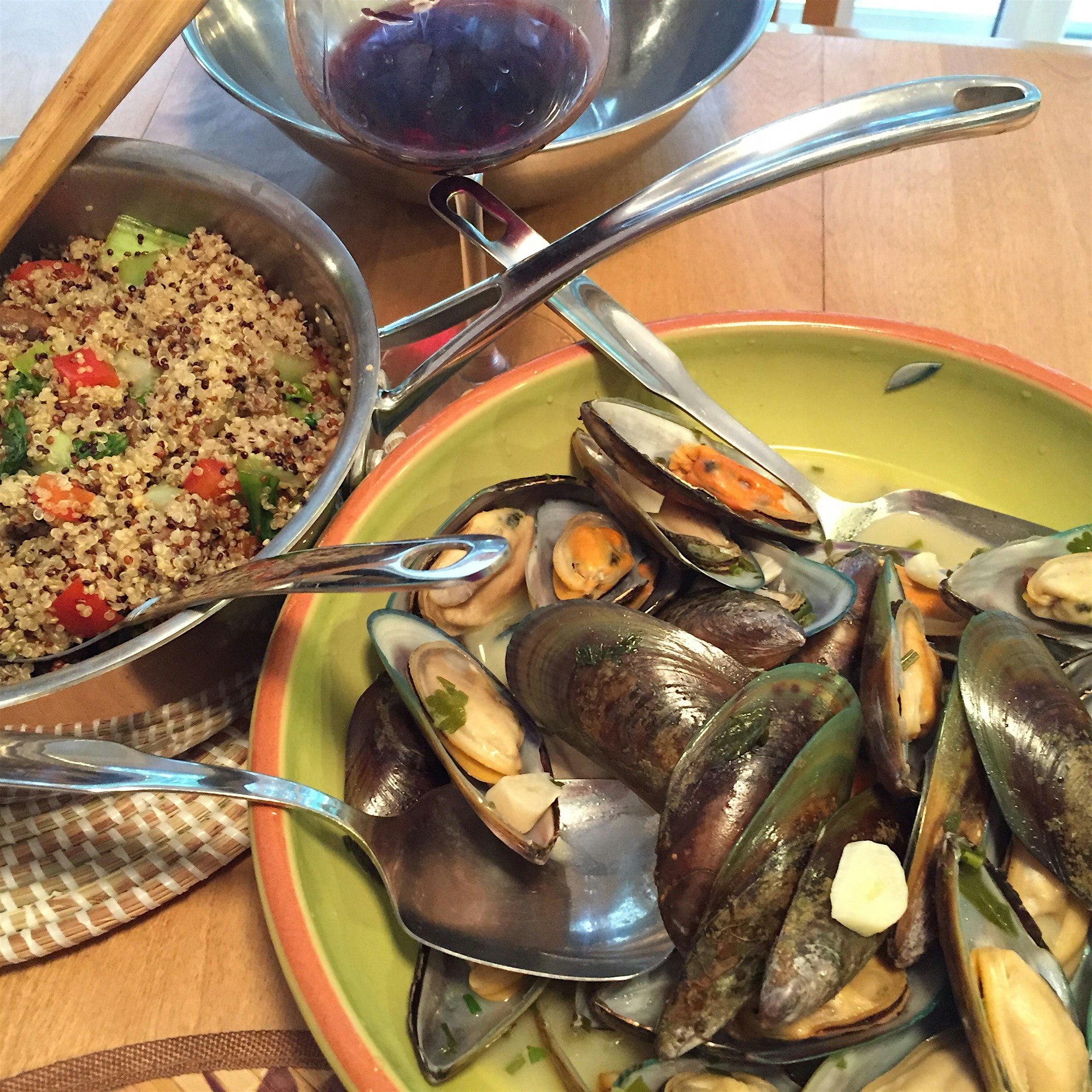 New Zealand Green Shell Mussels in butter garlic chives and white wine - served with quinnua and ...