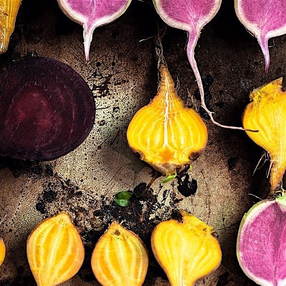 Roasting some badass beets and watermelon radishes.