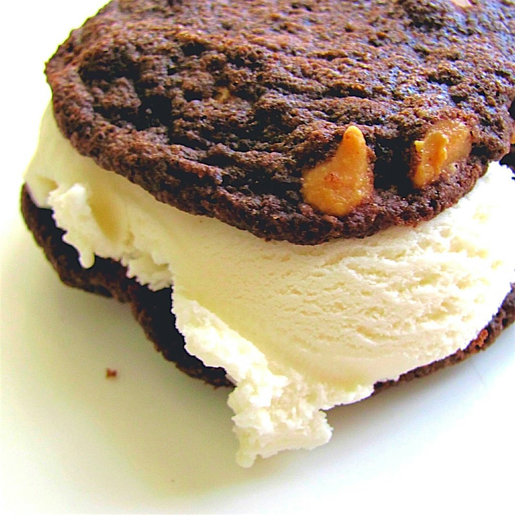 Chocolate chocolate chip cookie and almond ice cream sandwich