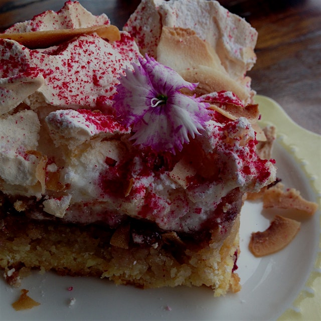 Louise slice - a New Zealand classic. Coconut shortcake topped with raspberry jam & meringue.