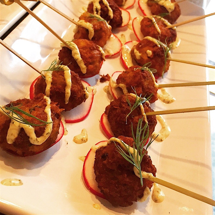 Blue Crab Cake Bites w/ Pickled Radishes and Dill & Thyme Remoulade