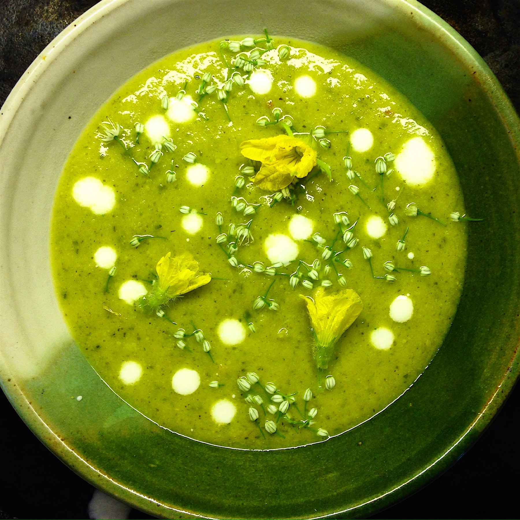 Broccoli soup with onion flowers and melon blossoms. 