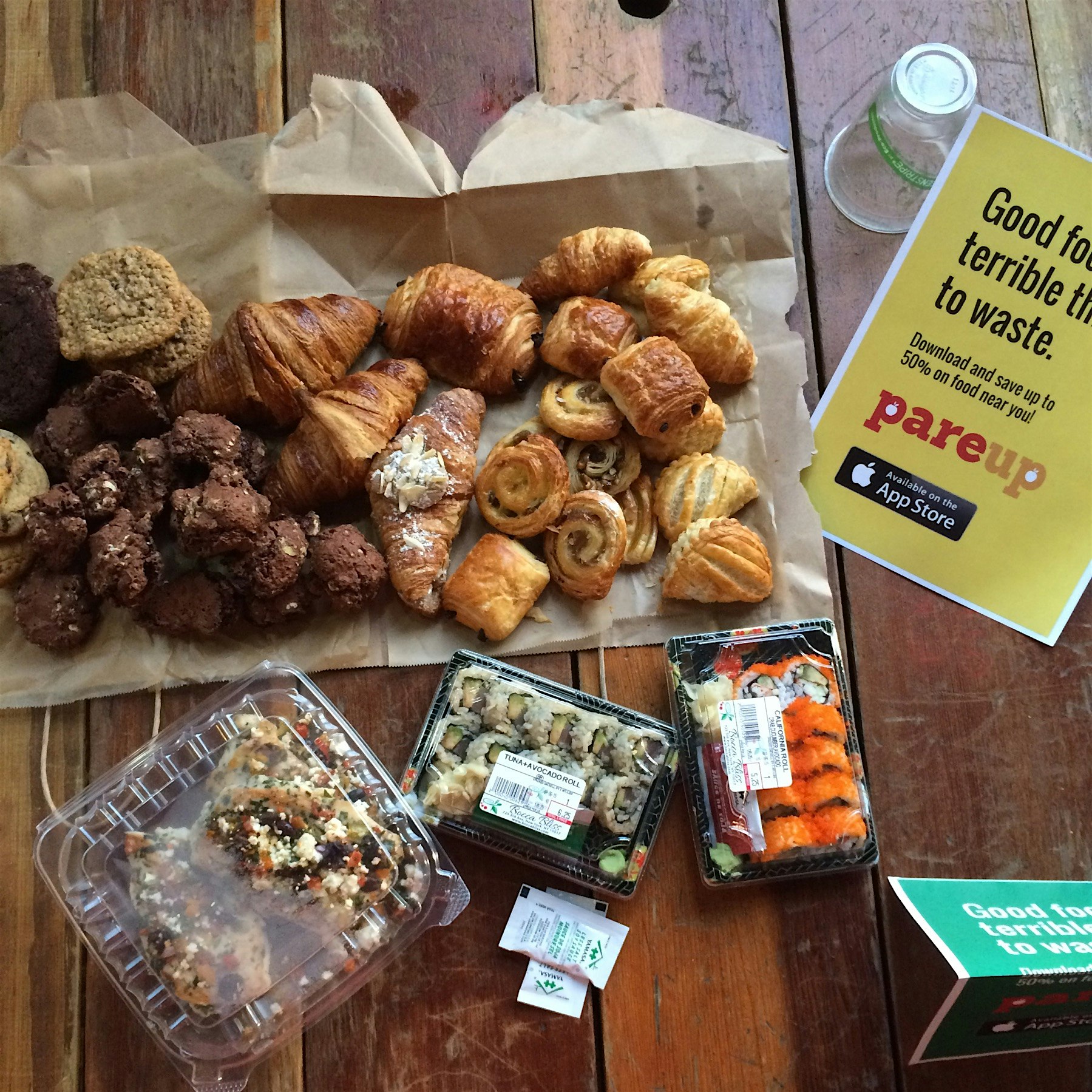 today's pareup haul: grilled chicken from between the bread, pastries from croissanteria, sushi f...