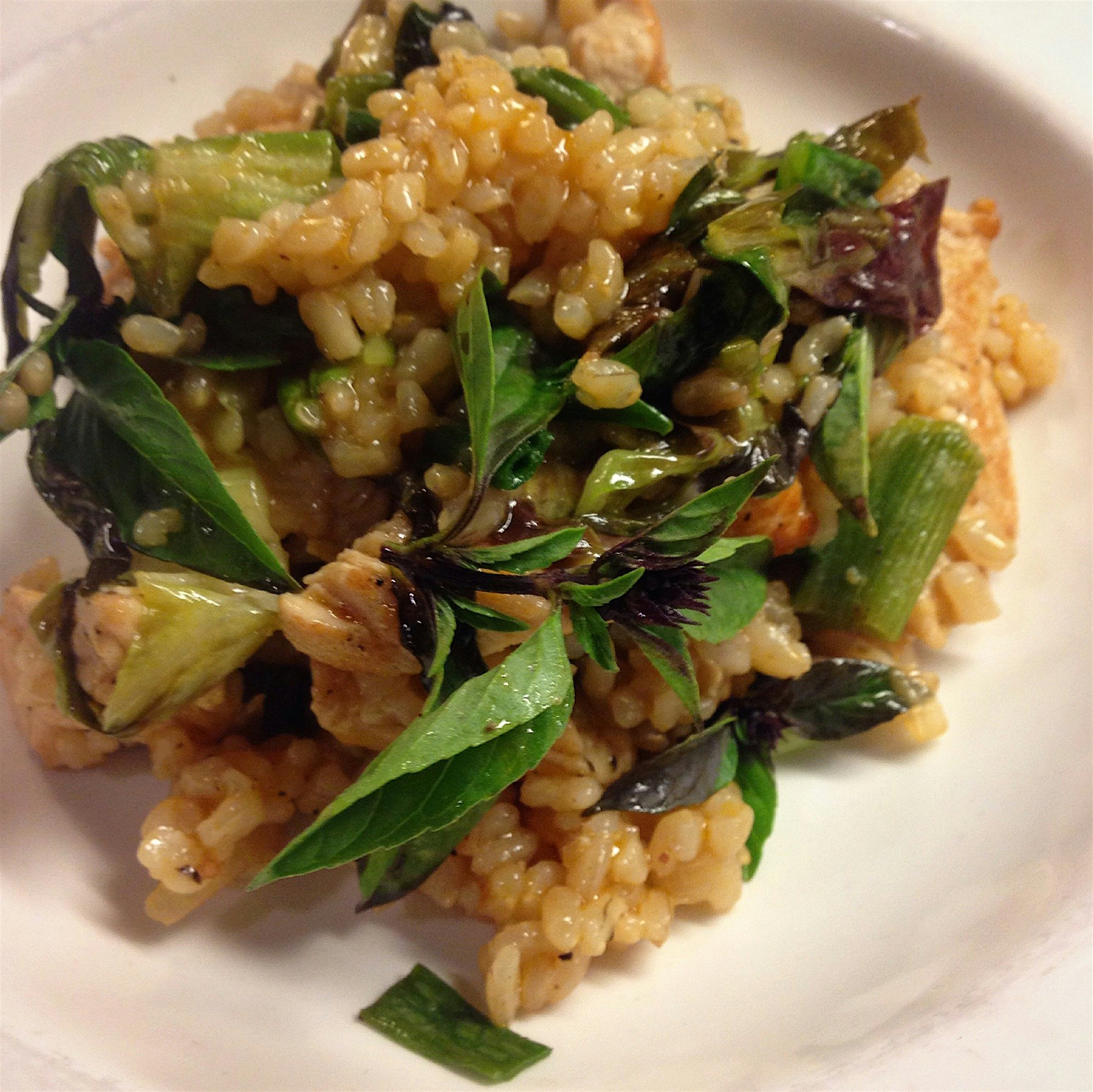Wild turkey fried brown rice, fresh shallots and Thai basil. 
