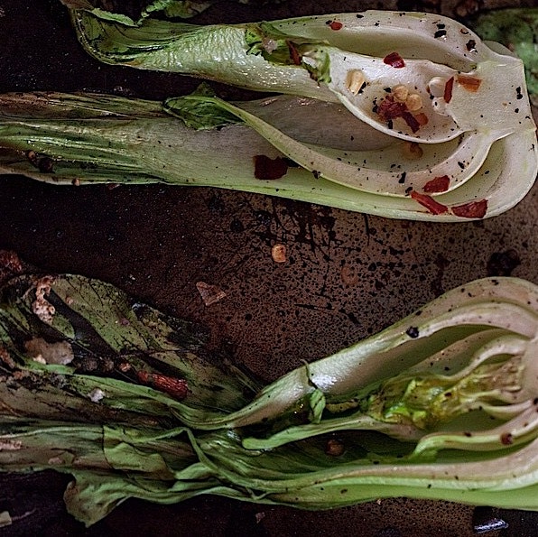 These are a real ZINGER! red hot chili flakes on top of baked baby Bok choy! Add some prosciutto ...