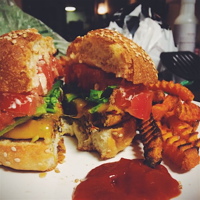 Never seen a burger shot I liked but here goes - black bean veggie burger w/ thick-cut uncured ba...