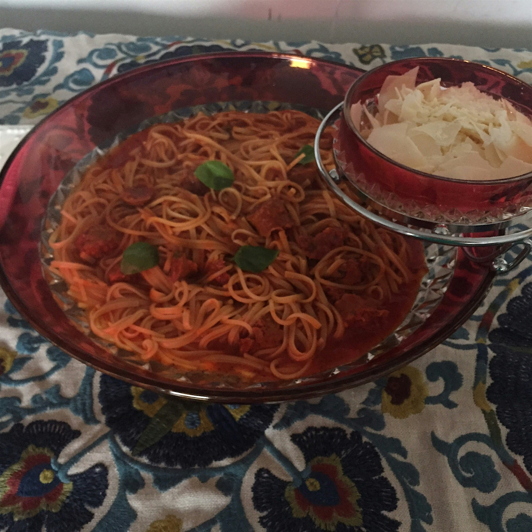 Homemade spaghetti with sausage served fancy smancy style!