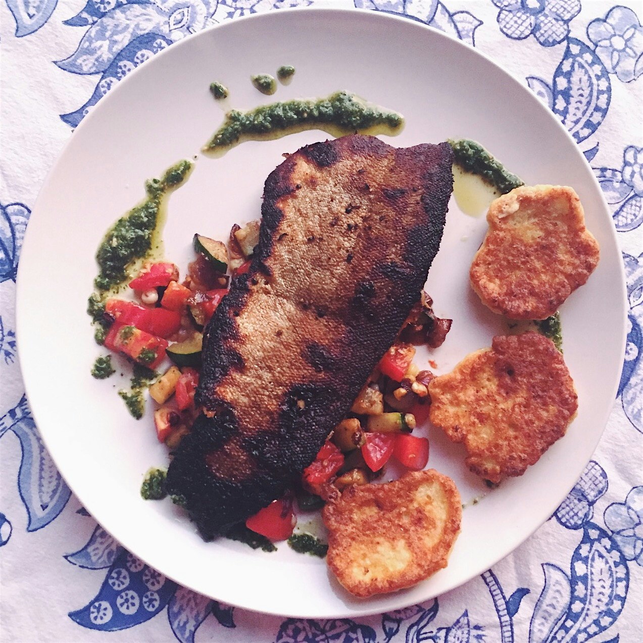 Last night's dinner was one of my favorites! Pan seared trout with local summer vegetables, corn ...