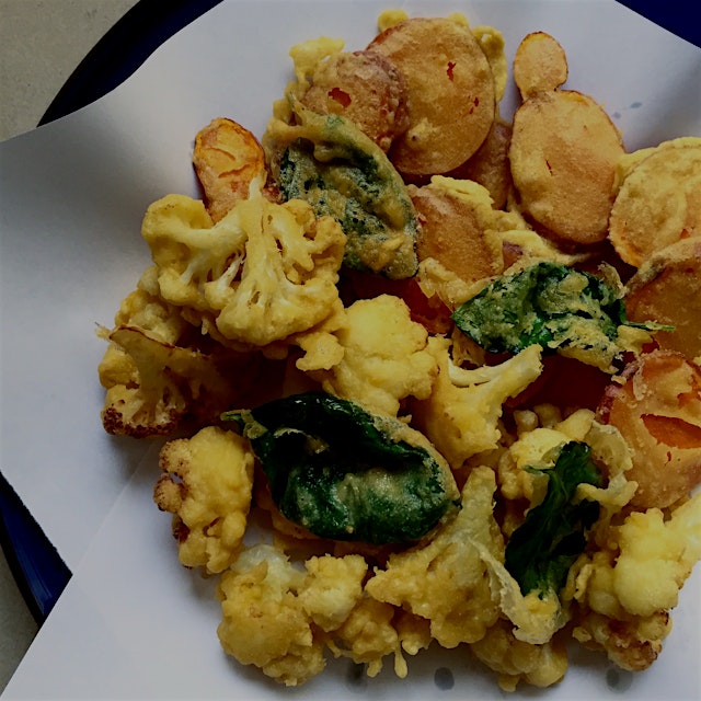 Tonight I made veggie tempura for dinner: cauliflower, sweet potato and fresh basil, served with ...