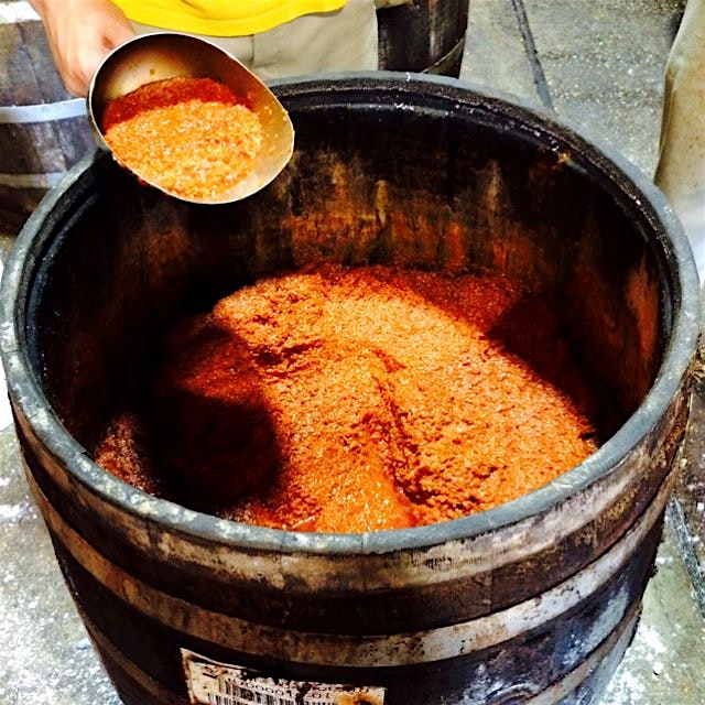 Aged pepper mash on its way to becoming Tabasco at the factory on Avery Island.