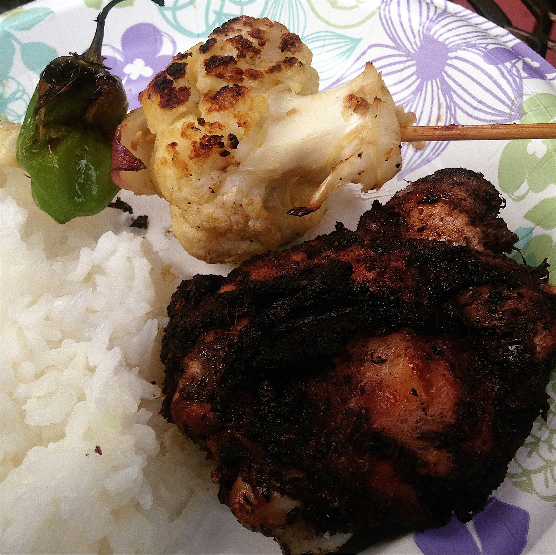Jerk chicken, coconut rice, cauliflower on a stick! #auriasmalaysiankitchen #thesamballady #bbq #...