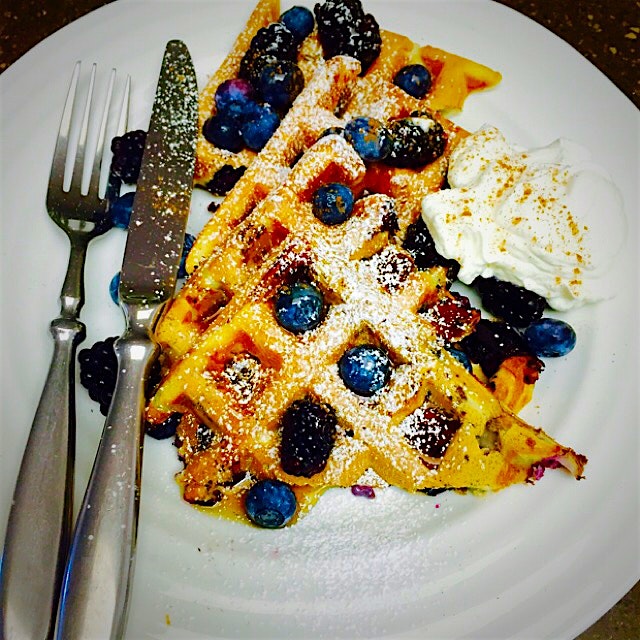 Sunday morning treat for my hubby!! Homemade waffles. I put the fruit in the batter as well as ch...