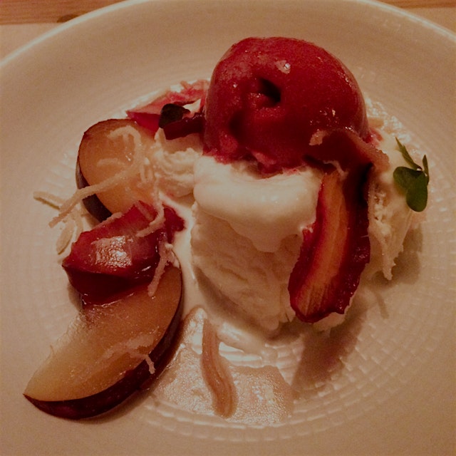 Little Park's frozen lemon verbena fluff with plum 4 ways - dried, roasted, fresh, and sorbet.