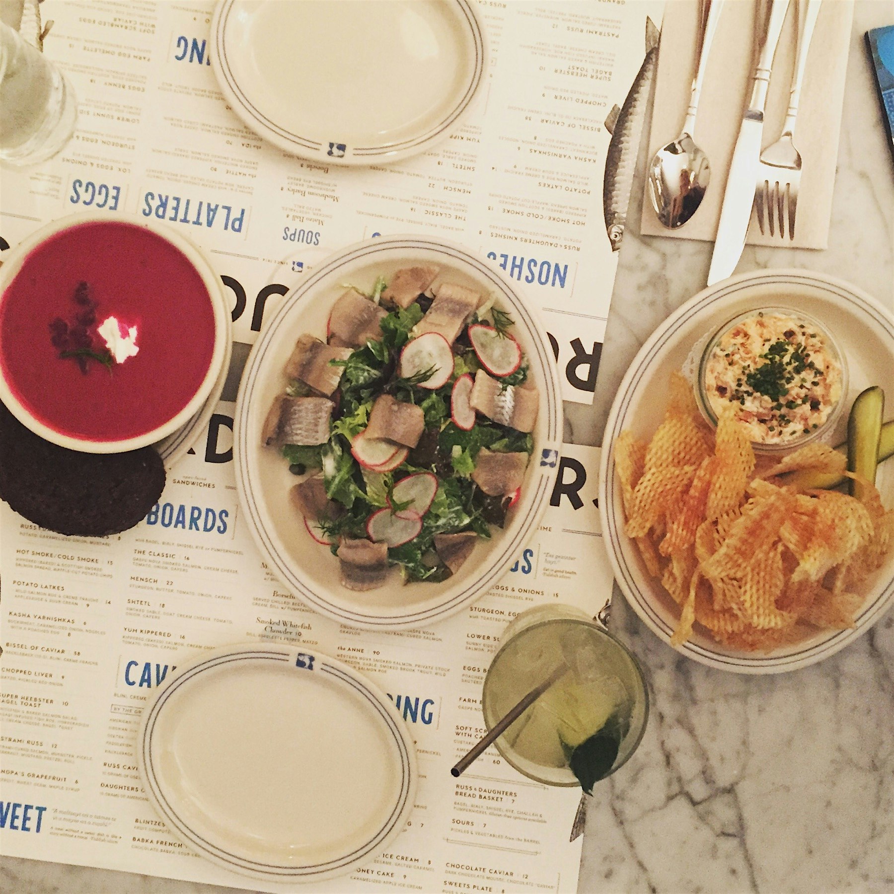 Borscht, pickled herring salad, smoked salmon spread with waffle cut chips. 