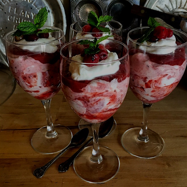 Gooseberry Fool: Roasted off these ruby jewels, then pureed them. Added them to a combo of whippe...