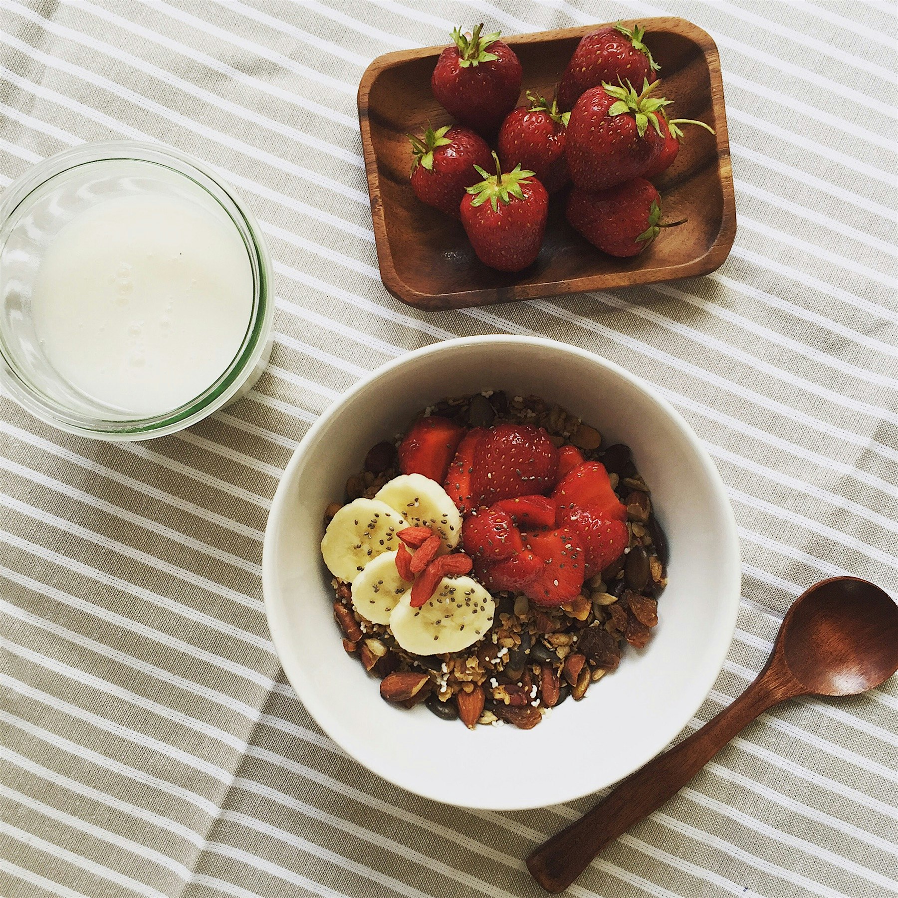 Homemade granola topped with sweetest strawberries, sliced Banana, chia seeds and goji berries, I...