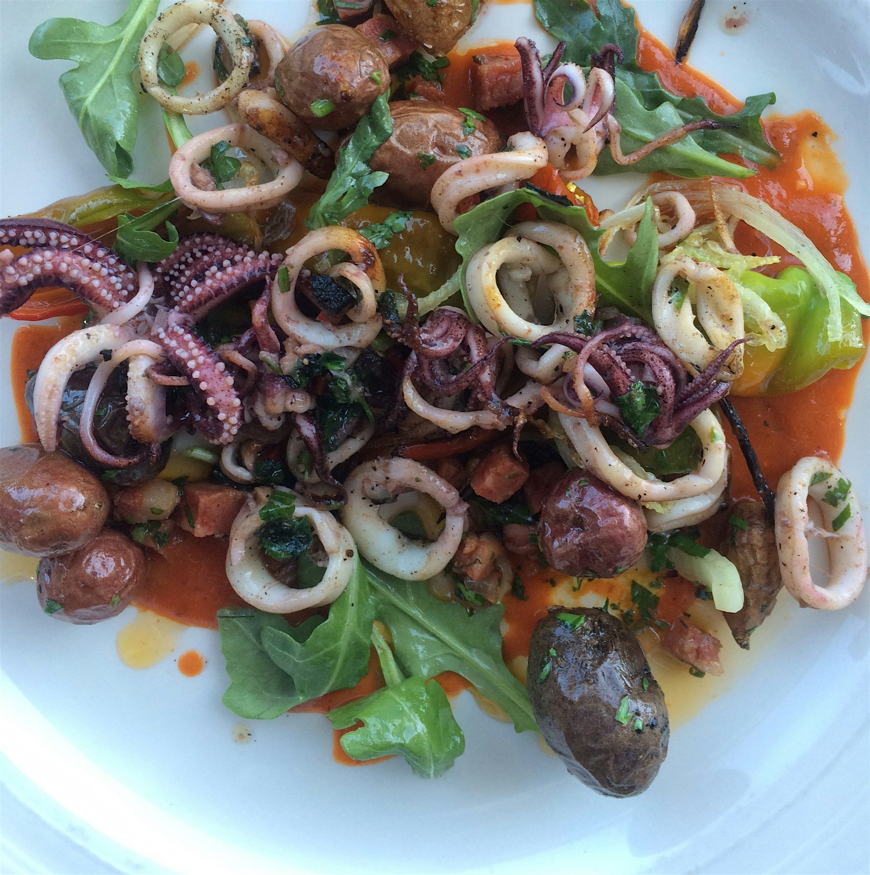 Squid with a pepper sauce and fingerling potatoes 