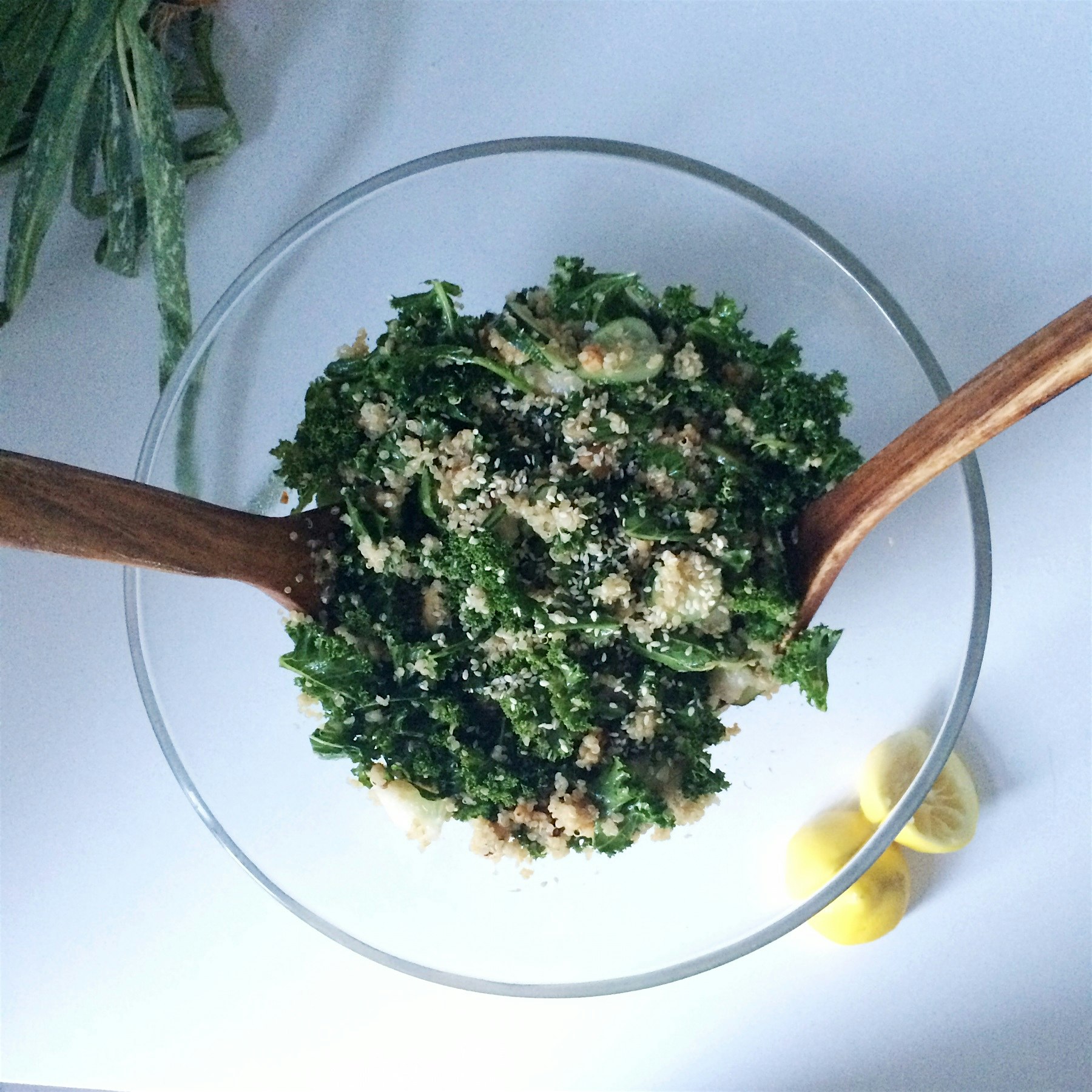 Massaged kale salad with quinoa, toasted walnuts and lemon cucumbers for dinner! 