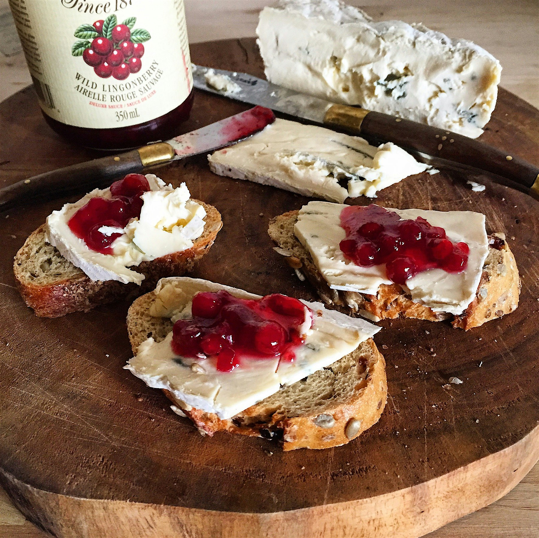 When you don't want to cook, assemble. Tart lingonberry preserves, tangy blue cheese, on crusty s...