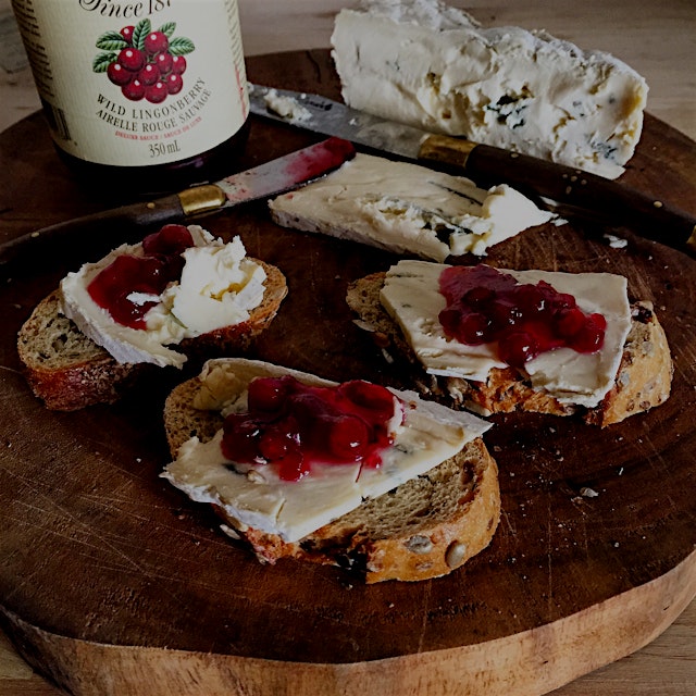When you don't want to cook, assemble. Tart lingonberry preserves, tangy blue cheese, on crusty s...