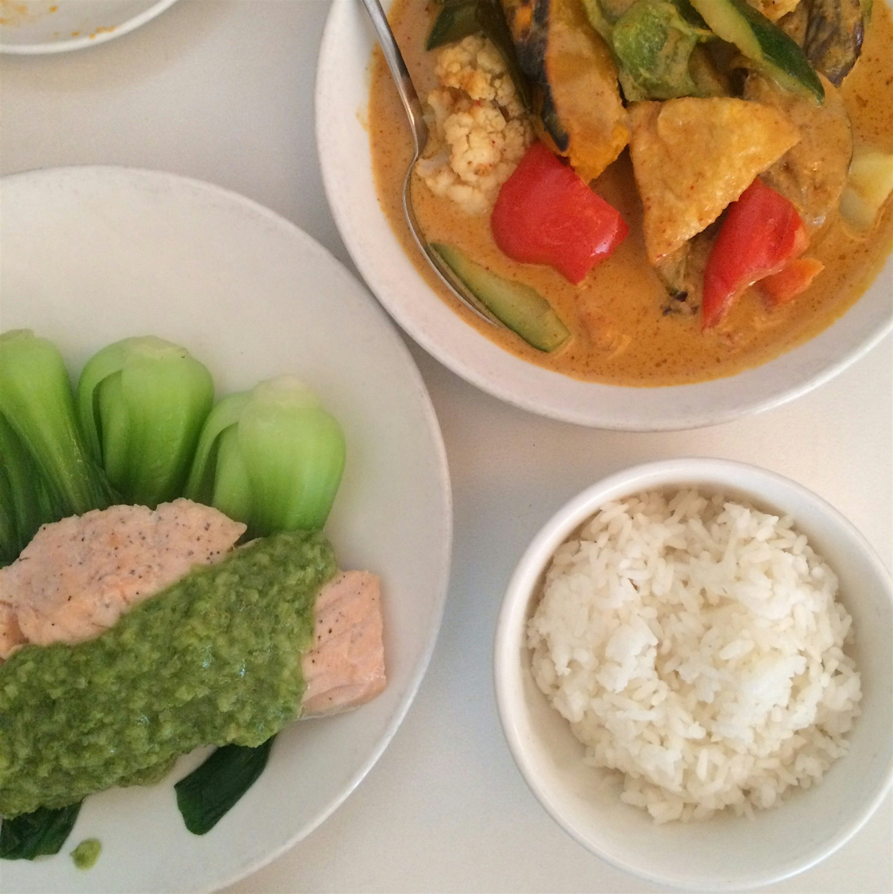 Vegetable panang curry and poached salmon with bok choy