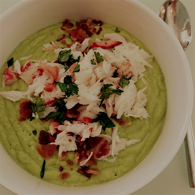 Chilled avocado soup with crab and bacon.  Inspired by recipe in Hugh Acheson's boom The Broad Fork.