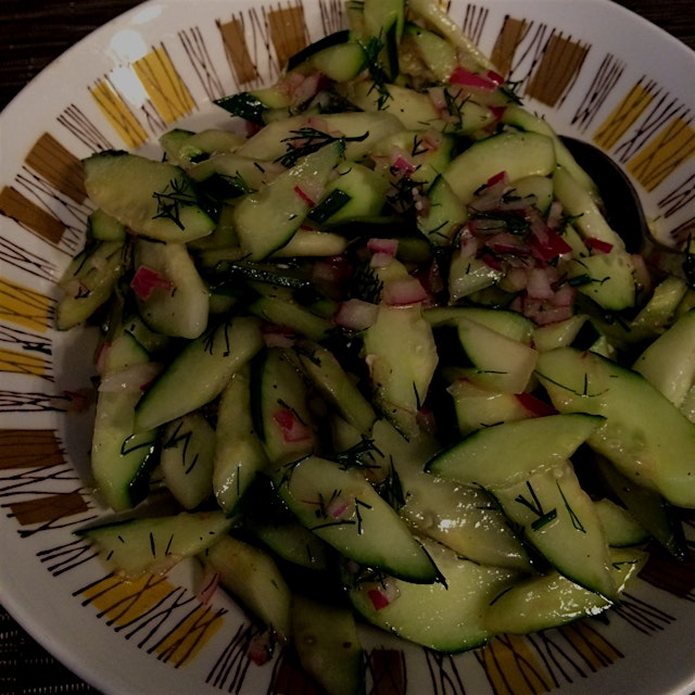 Dressed these garden cucumbers with fresh dill weed, a splash of red wine vinegar and olive oil f...