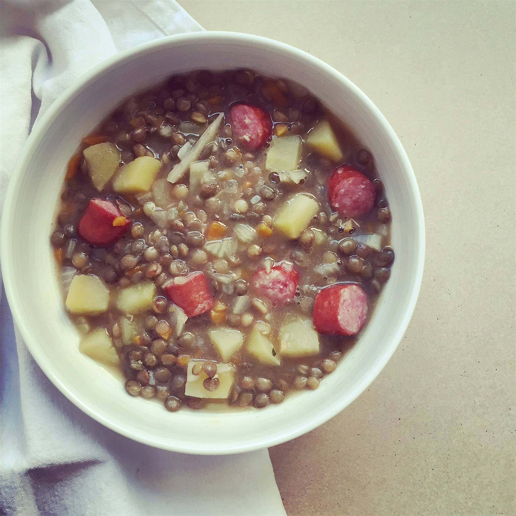 Lentils. Potato. Smoked sausages. Monday dinner. 