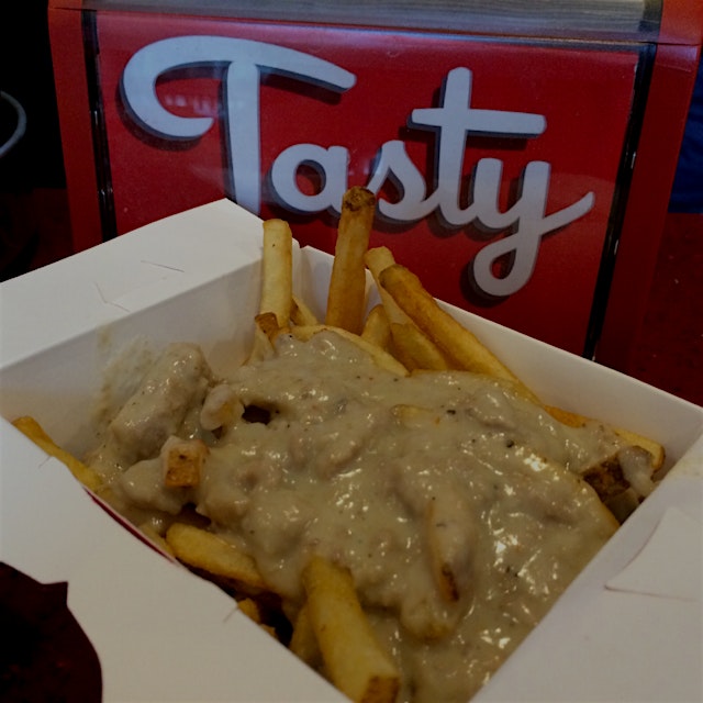 Here's something I've never seen before: French fries with sausage gravy. Oh man. So addicting.