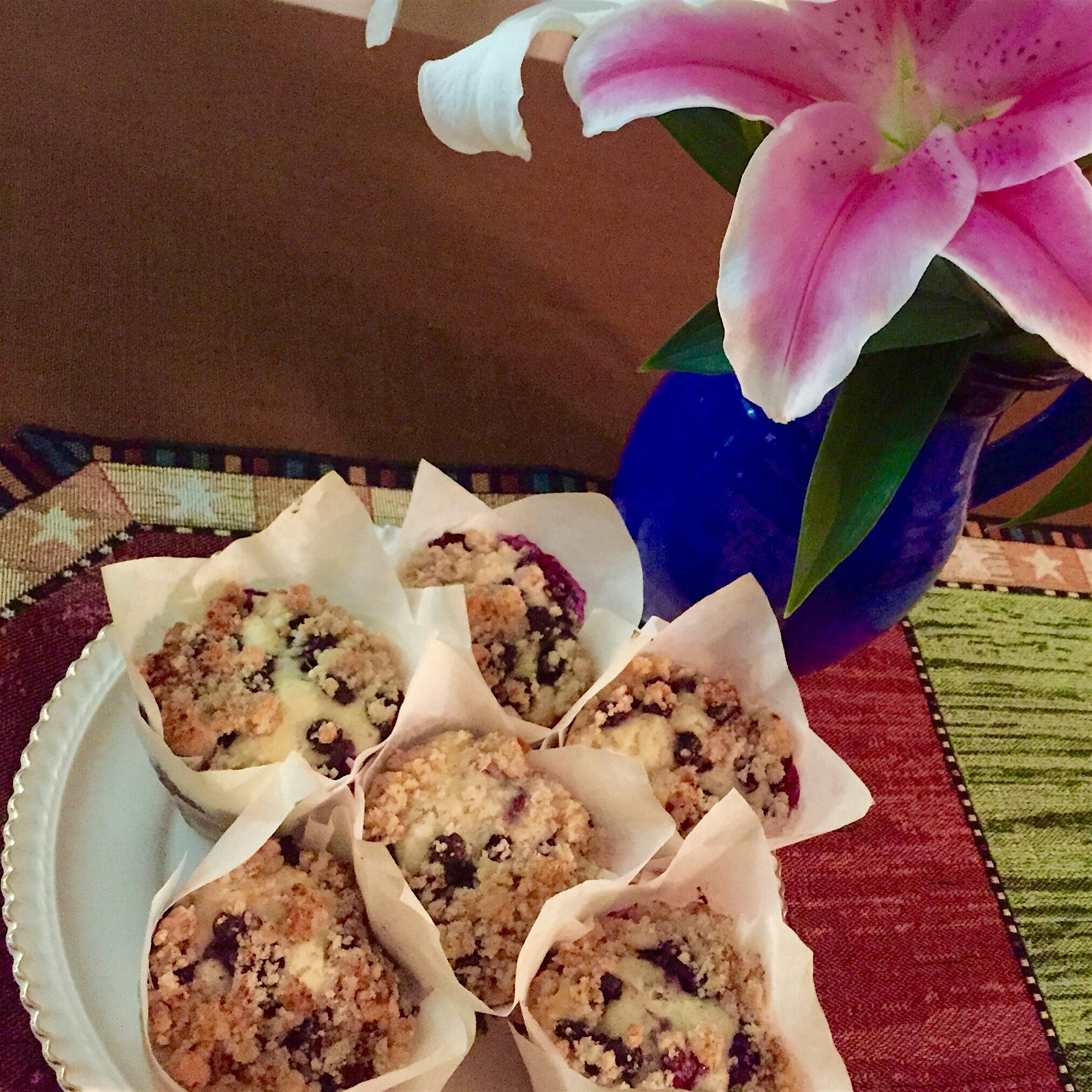 Blueberry Streusel Muffins. Enjoying an evening with friends before they fly home.