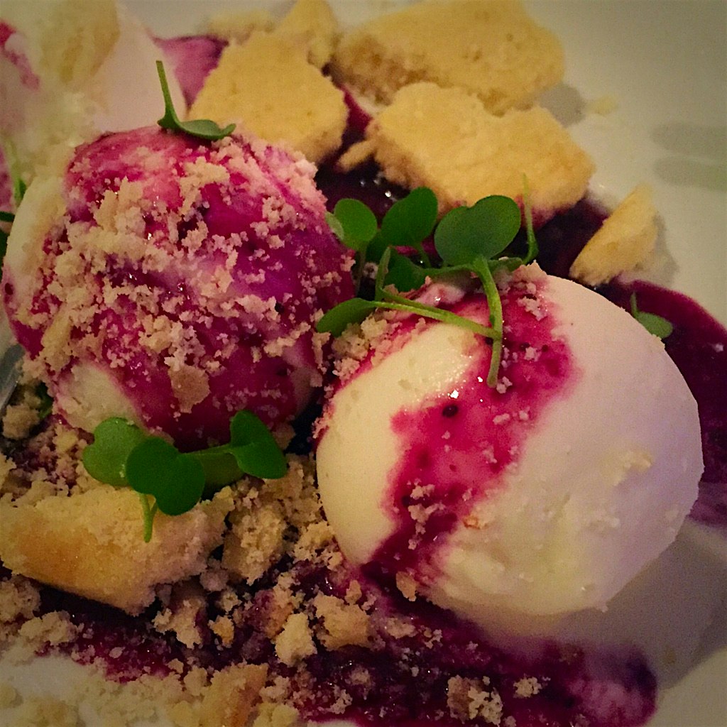 melt in your mouth goat cheese sorbet with raspberry puree & crumbled lemon shortbread.