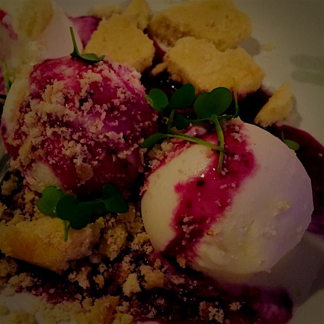 melt in your mouth goat cheese sorbet with raspberry puree & crumbled lemon shortbread.