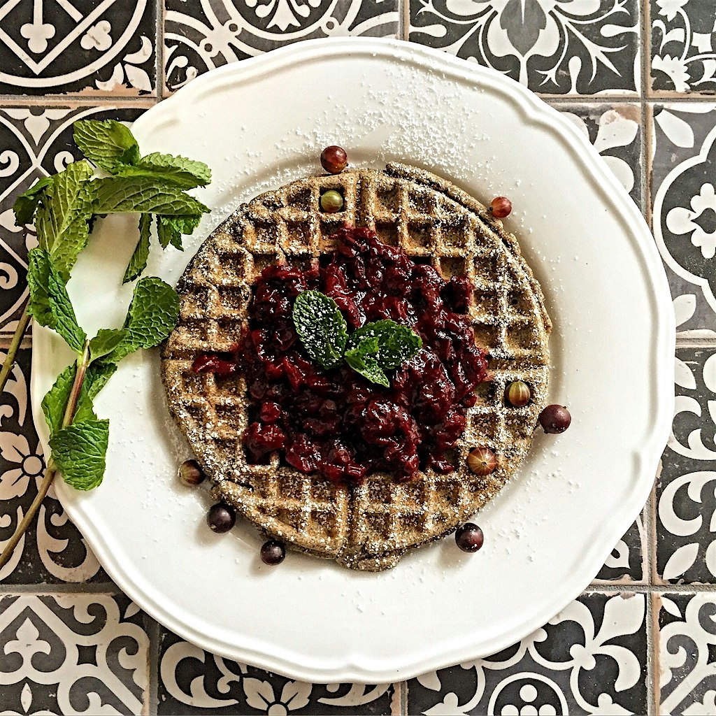 Breakfast: to make up for it being Monday. Buckwheat waffle with Gooseberry compote.  And then I ...