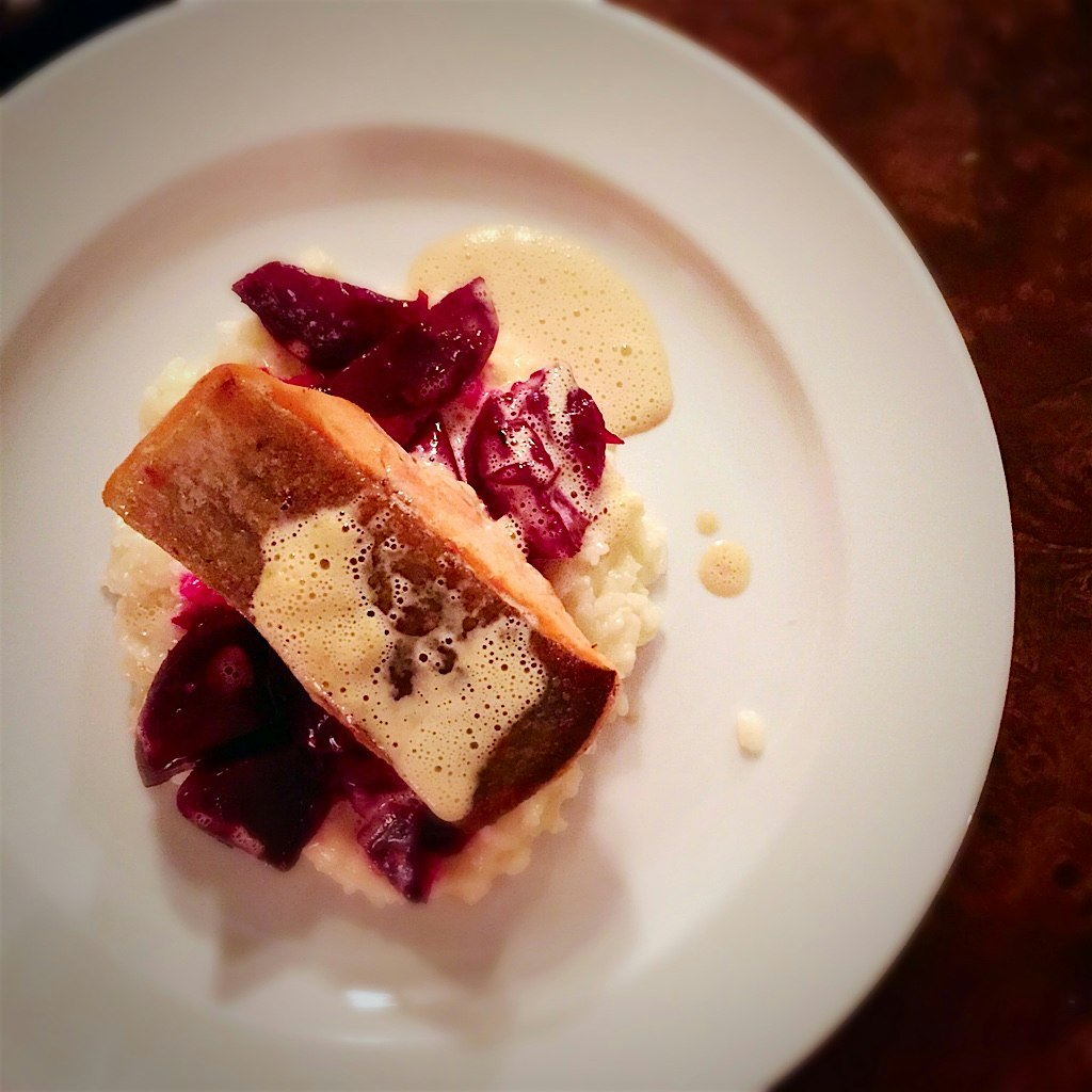 Pan-fried salmon served with beetroot risotto at Villandry, Dresden 