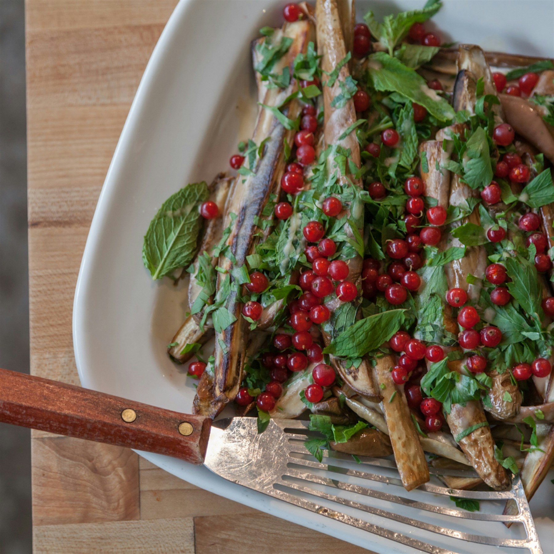Roasted eggplants bedecked in red currants and mint!