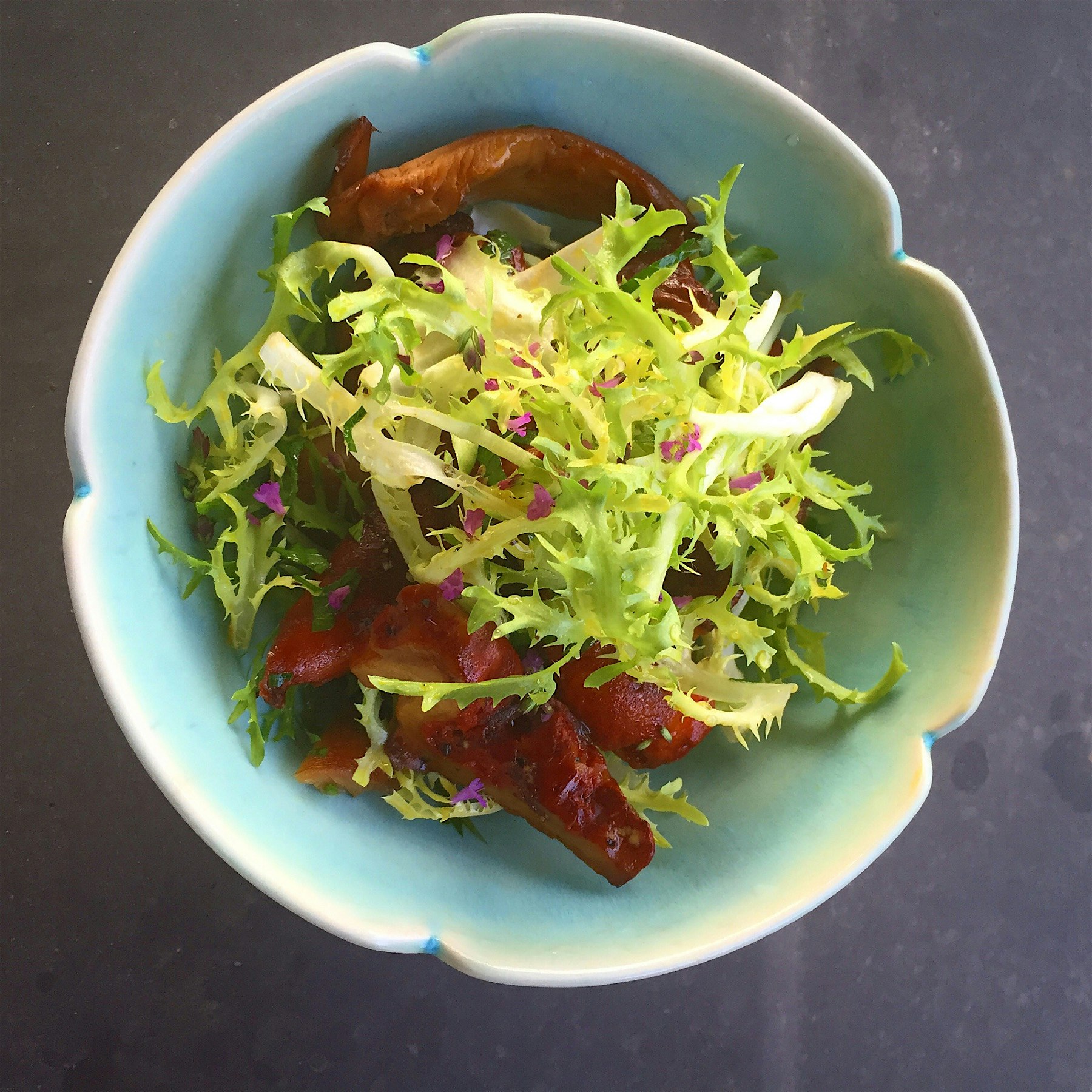 Lobster&oyster mushroom salad with maple cider vinaigrette . 