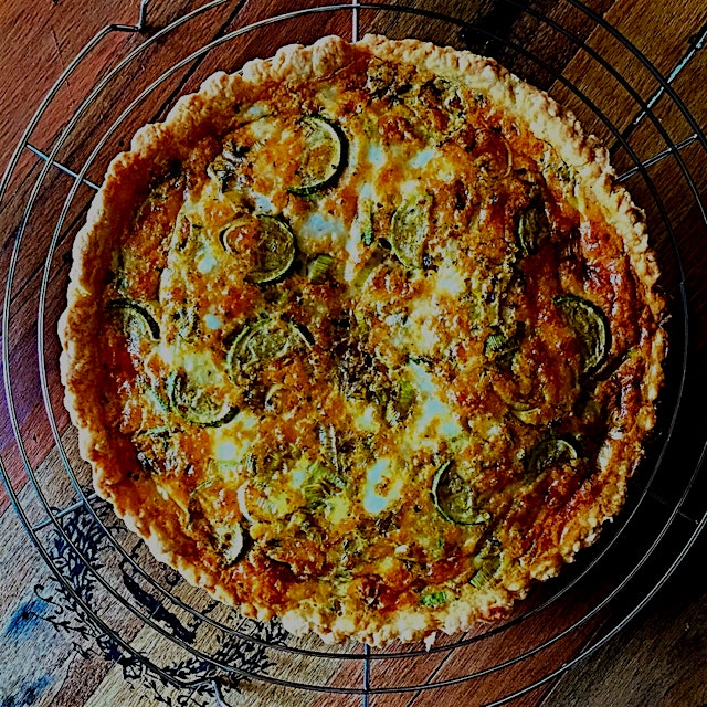 Baby marrow, feta and spicy chorizo quiche. Almost made it Meatless Monday 