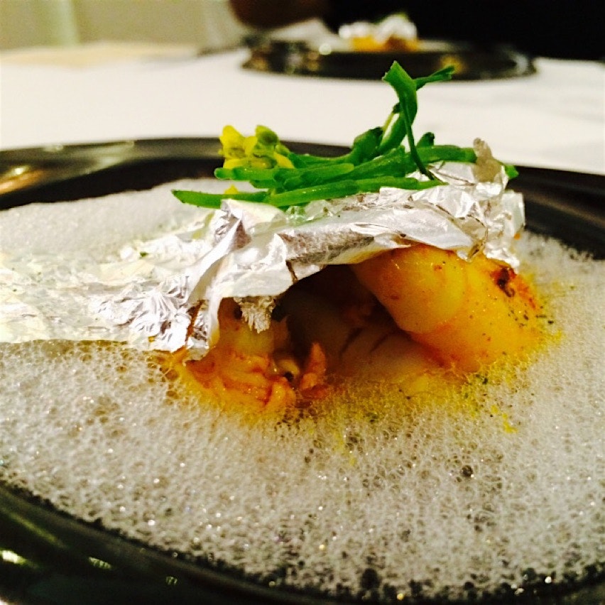 Prawns in coconut foam topped with an edible silver leaf. Genius. 