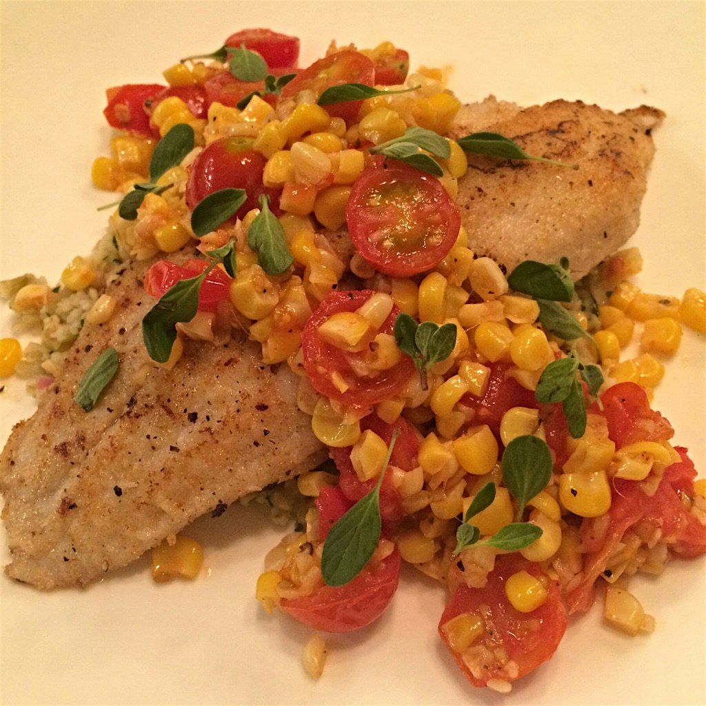 Restaurant-quality dinner at home: Crispy Catfish & Freekeh with Corn-Cherry Tomato Sauté and Mar...