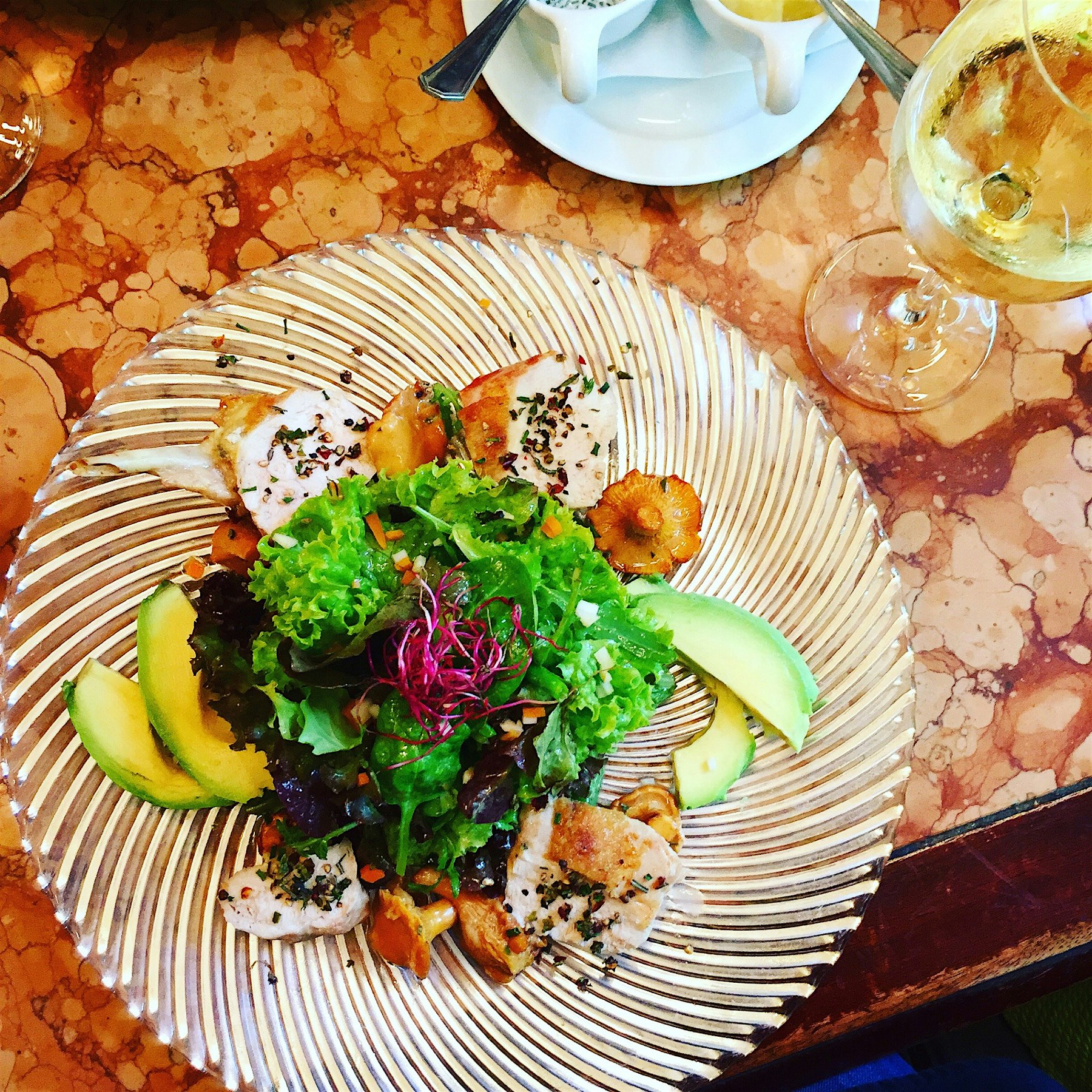 Salad with roasted guinea-fowl, avocado, pickled Chantelle mushrooms in a green apple vinaigrette 