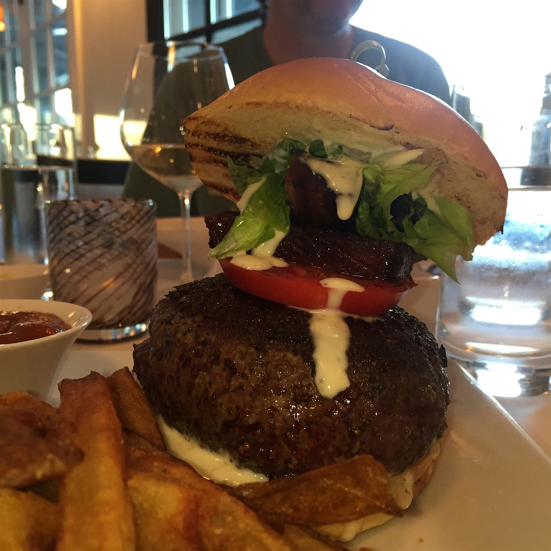 Towering burger - all local (Note the pork belly topping the tower)