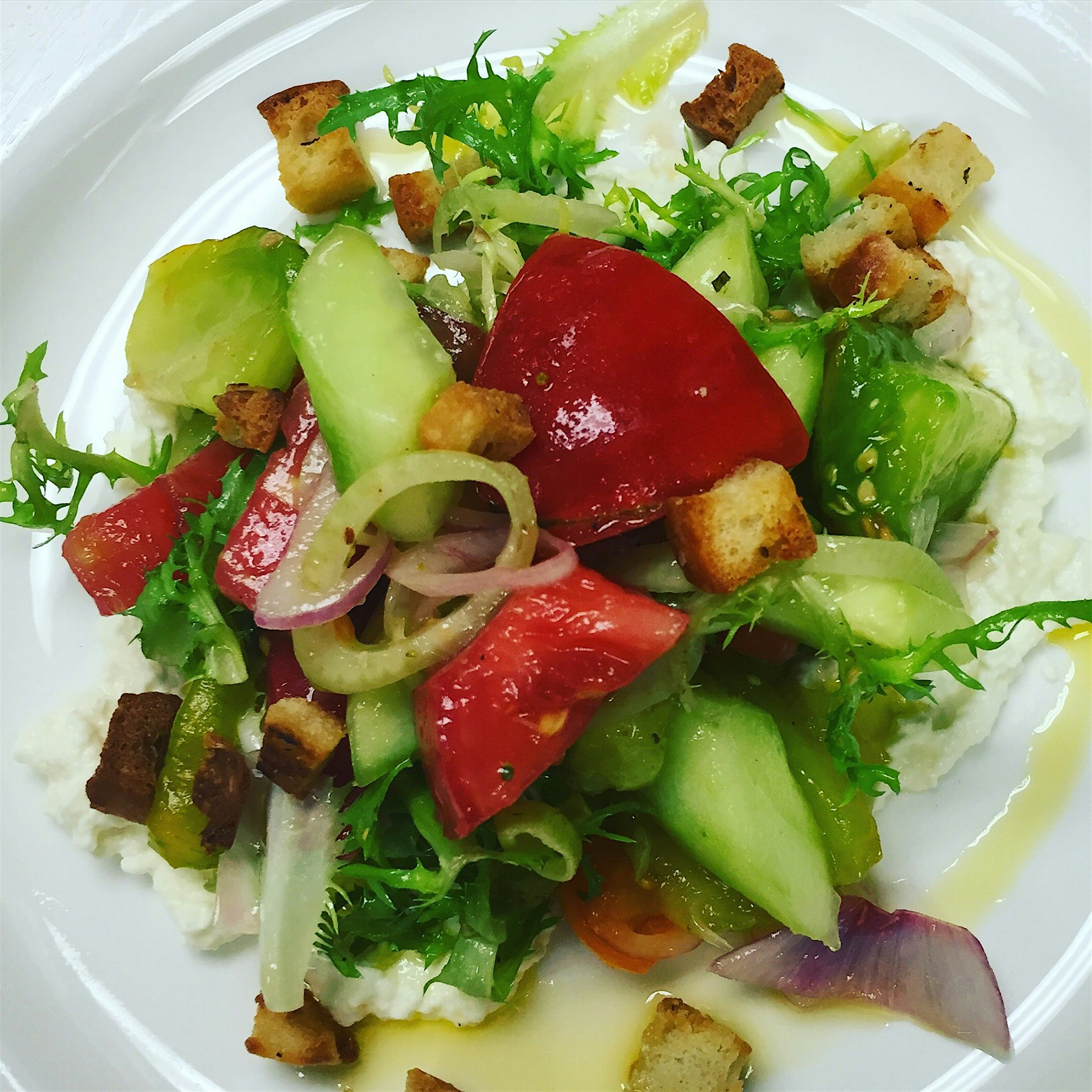 Heirloom tomato n cucumber salad with fennel/bee pollen vinaigrette from the students of SUNY Cob...