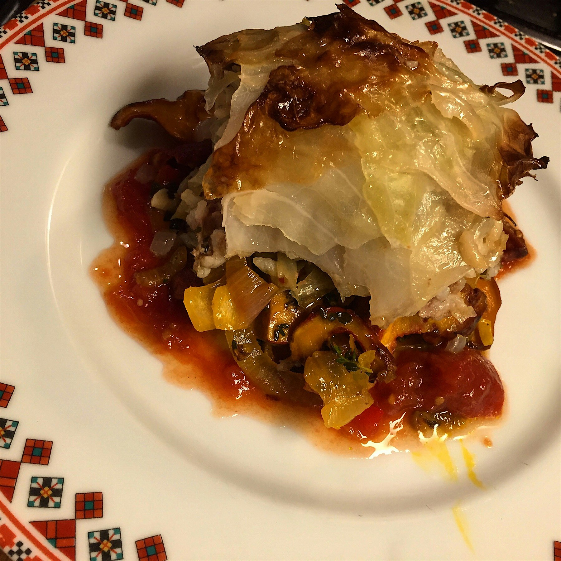 Stuffed cabbage with lobster mushrooms and moms tomato relish. 