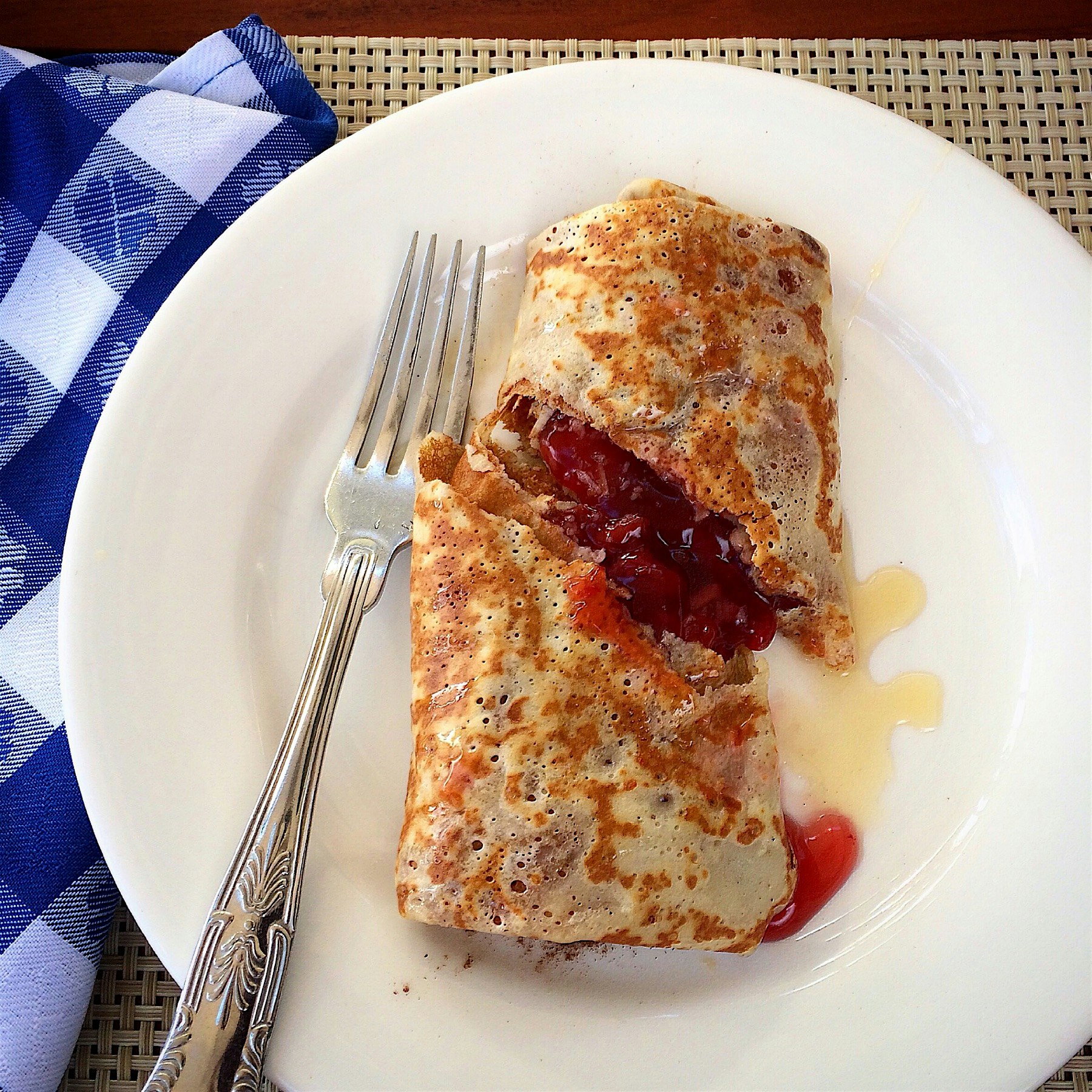 This crepe was amazing! With cherries and coconut, drizzled with honey & cinnamon! 