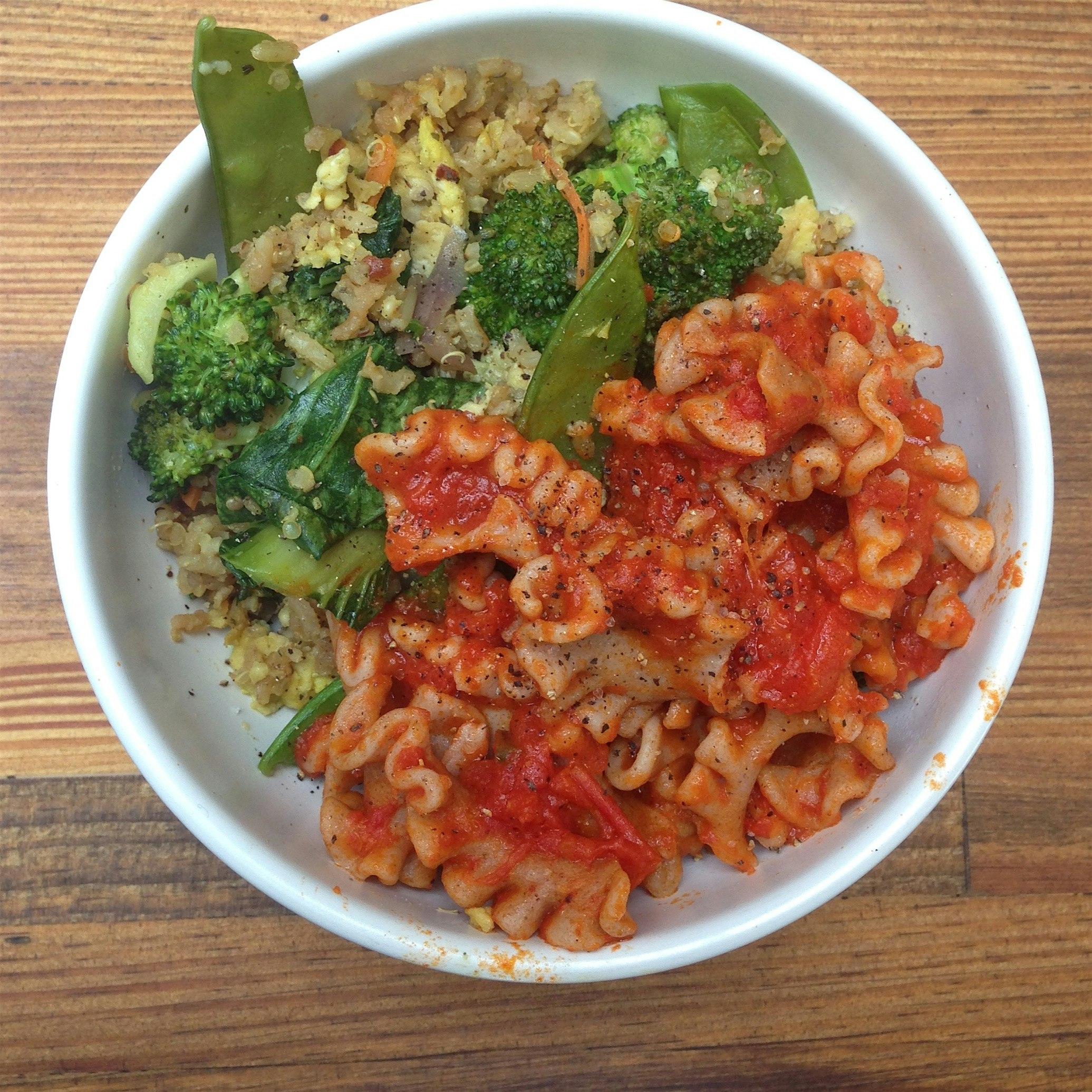 Lunch: Stir fry veggies and some fresh basil marinara emmer pasta